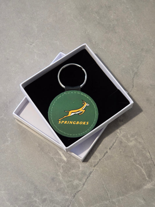 Springboks Rugby Keyring, Faux Leather, Circular Shape, South African Team Logo, Comes in White Gift Box