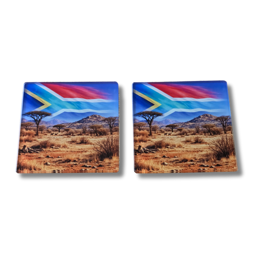 South African landscape and flag Glass Coasters, Square, 10 Centimetres, 2 Pack, with rubber feet
