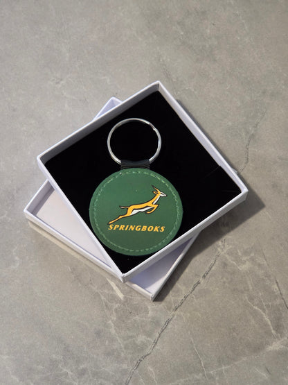Springboks Rugby Keyring, Faux Leather, Circular Shape, South African Team Logo, Comes in White Gift Box