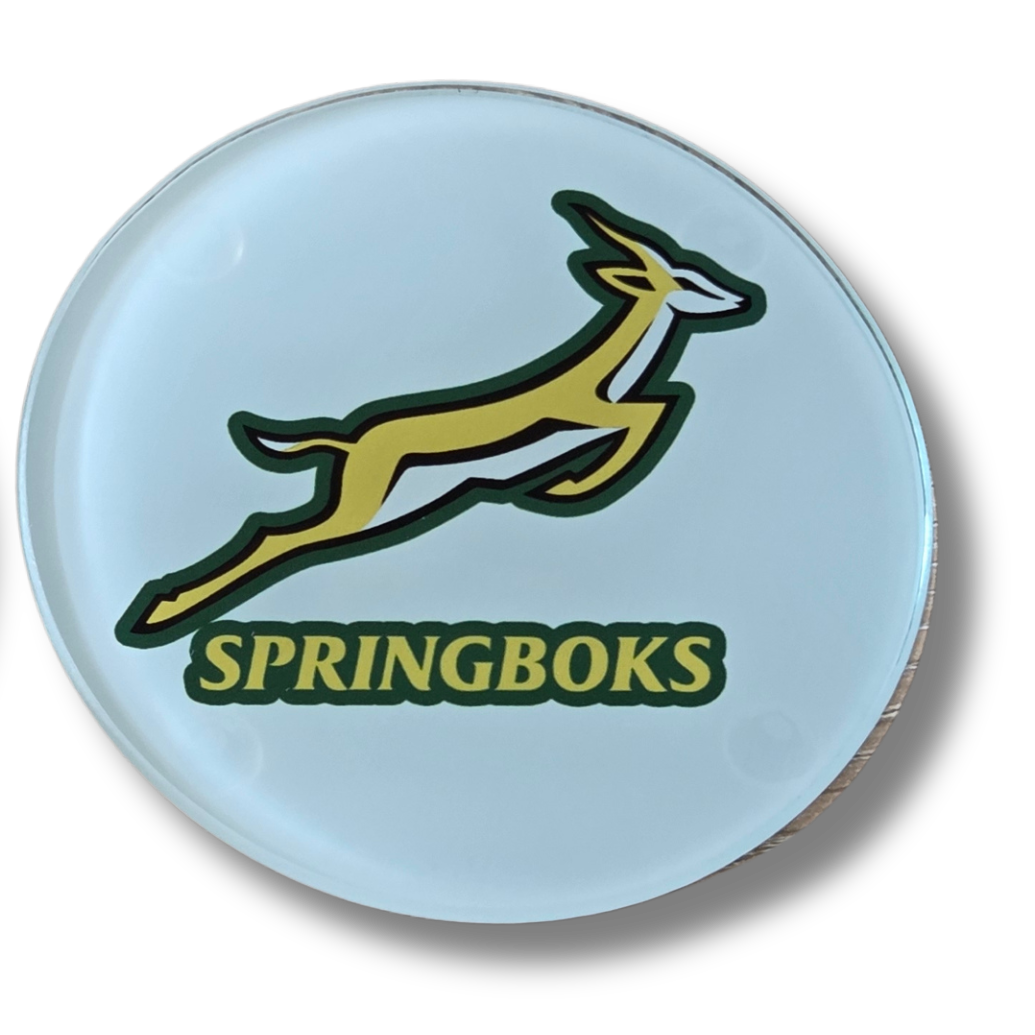 Springboks Rugby Glass Coasters, South Africa National Team Logo, Set of 2, Round, With Rubber Feet