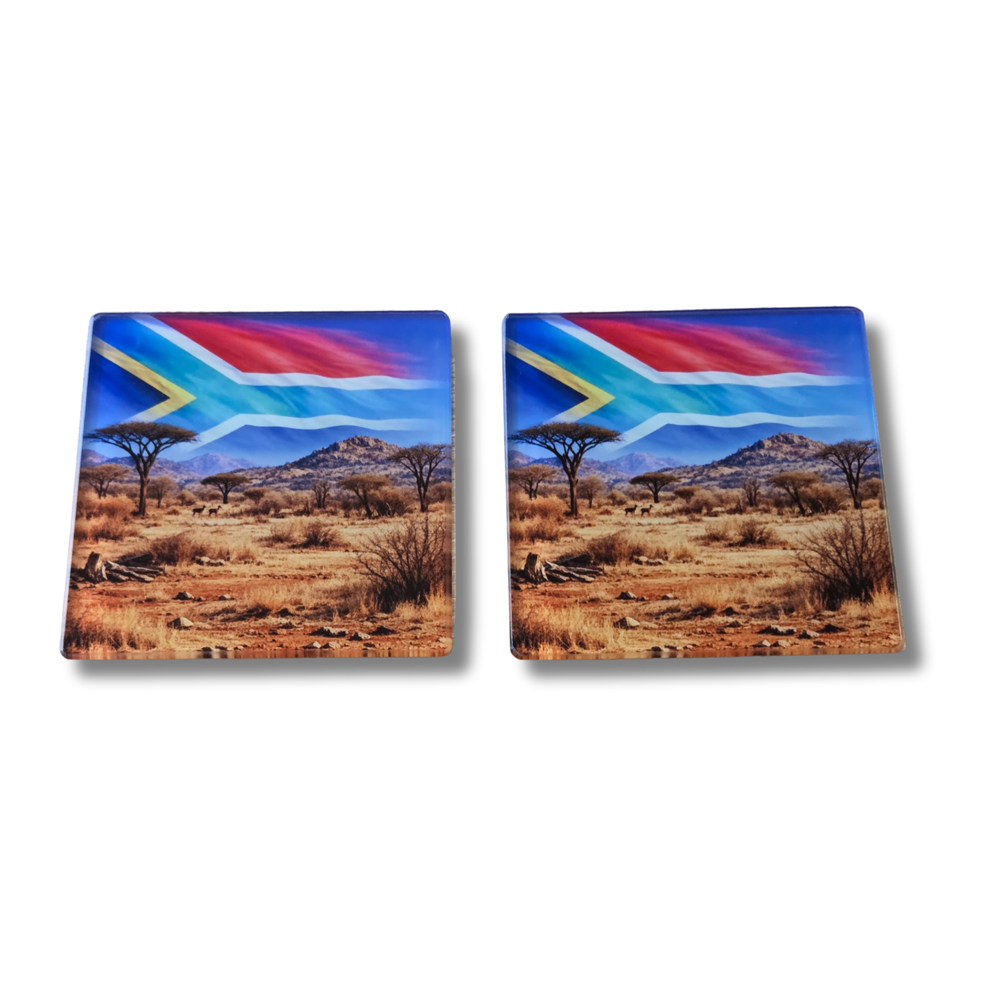South African landscape and flag Glass Coasters, Square, 10 Centimetres, 2 Pack, with rubber feet