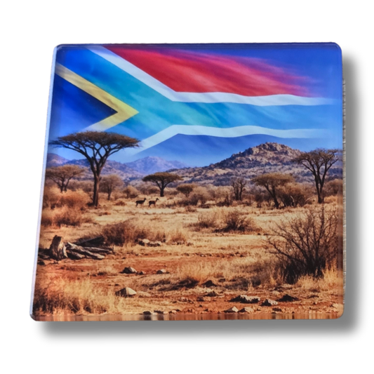 South African landscape and flag Glass Coasters, Square, 10 Centimetres, 2 Pack, with rubber feet