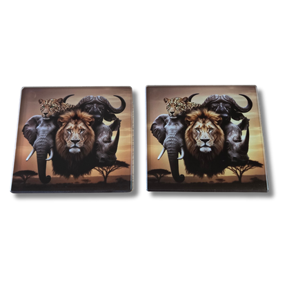 African Big 5 five Glass Coasters, Square, 10 Centimetres, 2 Pack, with rubber feet