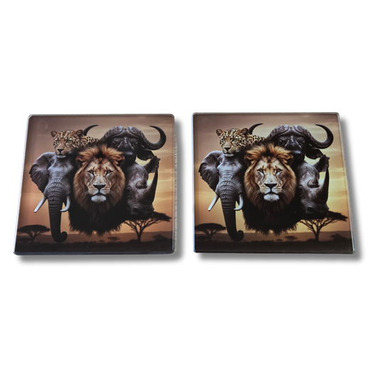 African Big 5 five Glass Coasters, Square, 10 Centimetres, 2 Pack, with rubber feet