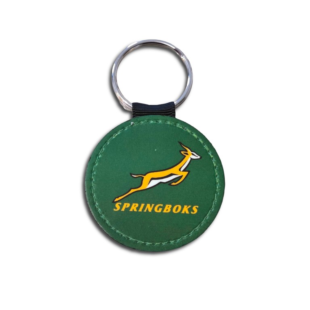 Springboks Rugby Keyring, Faux Leather, Circular Shape, South African Team Logo, Optional White Gift Box