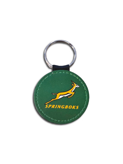 Springboks Rugby Keyring, Faux Leather, Circular Shape, South African Team Logo, Comes in White Gift Box